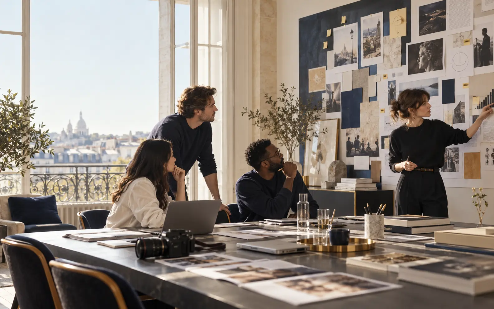 Mise en scène éditoriale d’une équipe en atelier de stratégie et de campagne